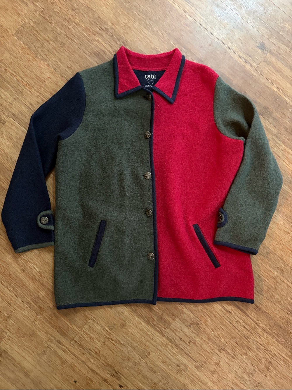 Vintage Tabi 100% Pure Virgin Wool Colorblock Button Cardigan Jacket L XL
